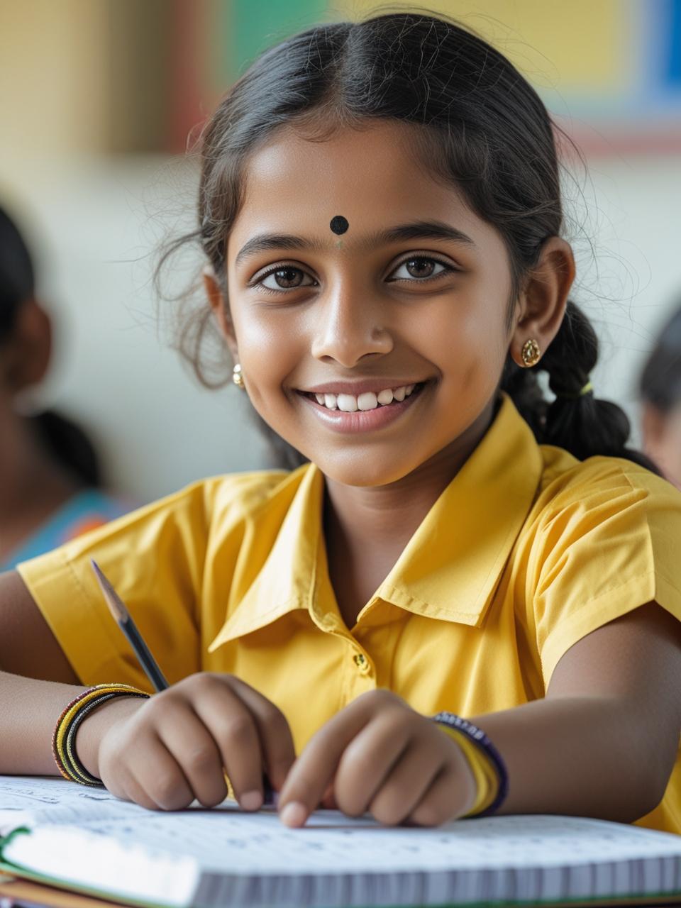 indian urban school girl learning vedic maths, wearing mango yellow school uniform., smiling and looking at camera (2)