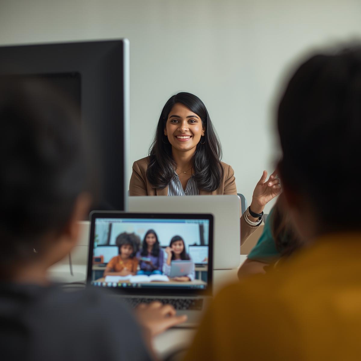 female indian teacher teaching from home, seating in front of computer, students learning from screen