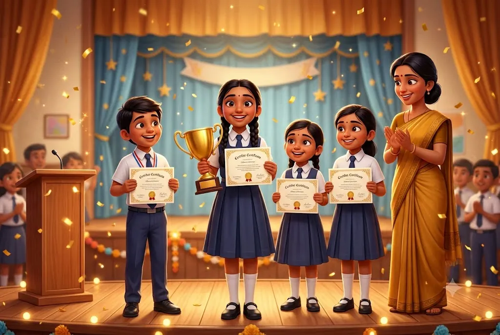 Proud students on stage holding certificates and a golden trophy