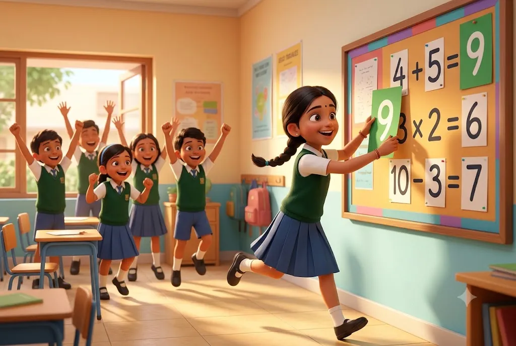 Children playing an energetic maths relay game with number cards