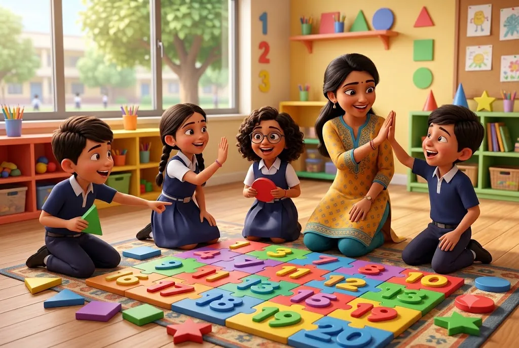 Teacher and students solving a giant floor puzzle of numbers and shapes