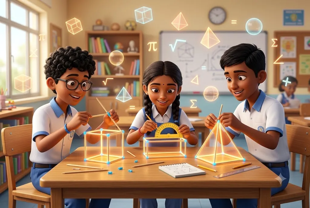 Middle-school students building 3D geometric shapes and measuring angles