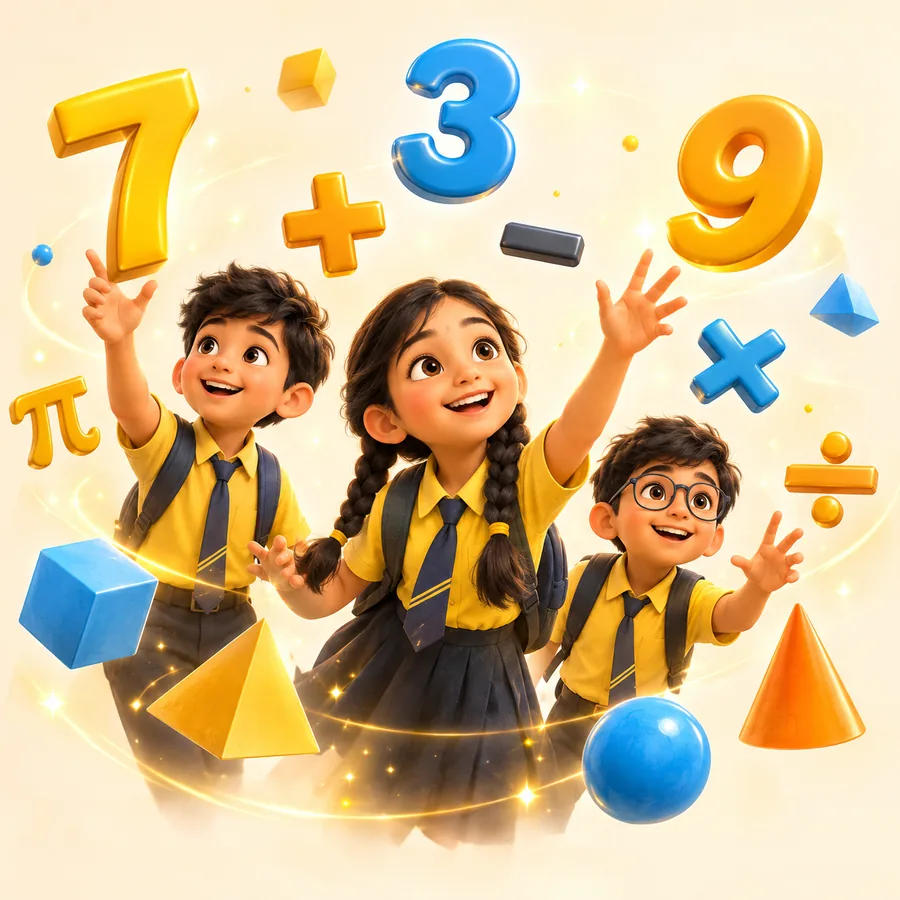 Three smiling students reaching for floating 3D numbers, maths symbols and geometric shapes